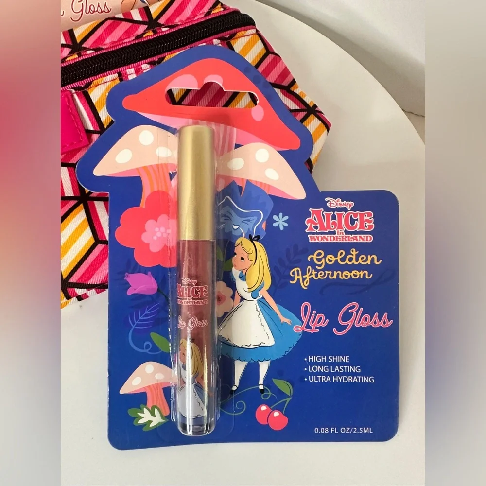 Disney Alice In Wonderland Lip Gloss Set of 3 NWT with Clinique Makeup Bag